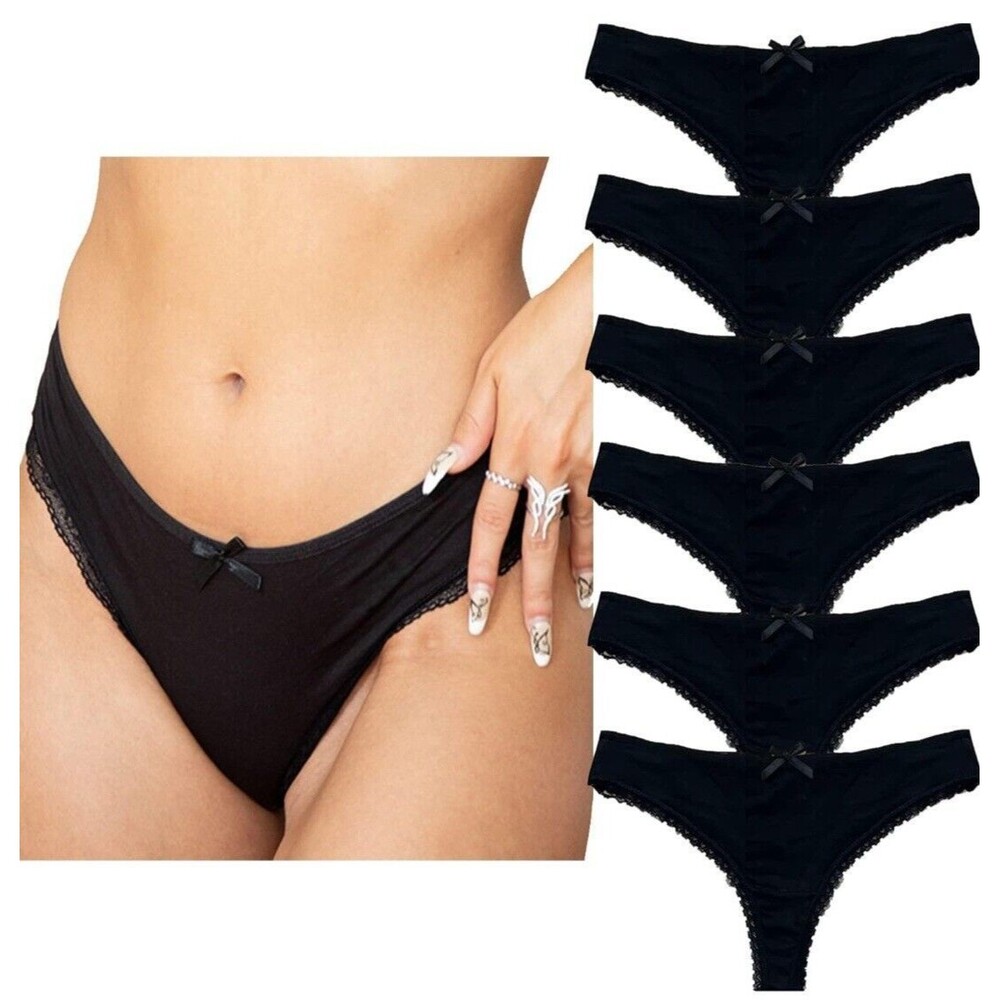 Knotty Underwear - Thongs for Women Pack of 6 - Black Cotton Thongs for Women XS